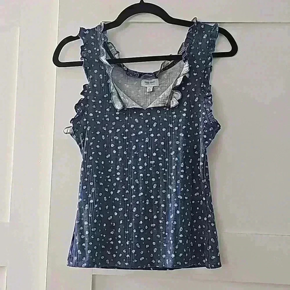 True Craft Women's Blue Floral Ruffle Sleeveless Tank Top Casual Cute - Picture 2 of 8
